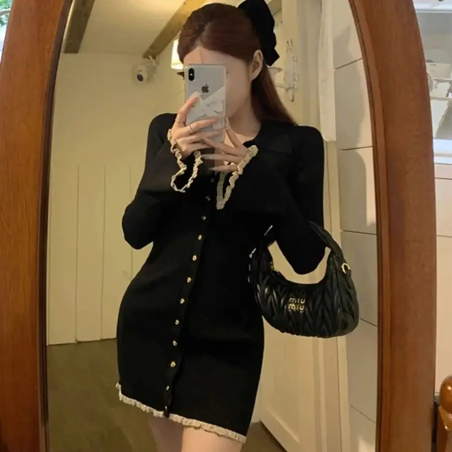 

Polo Lapel Dress 2024 Chic Coquette Black Dress Women Korean Style Sweet Ruffles Long Flare Sleeve Tunic Knitted Dresses Autumn