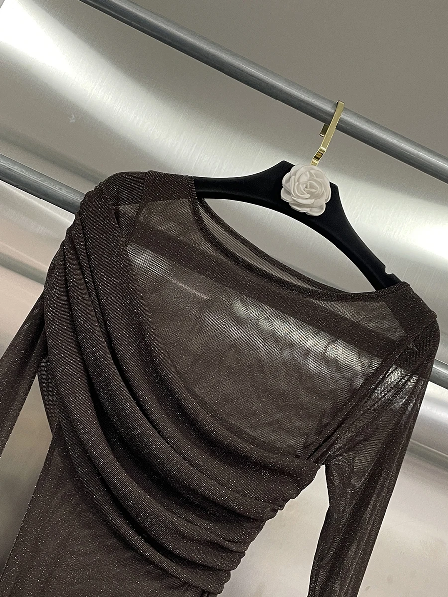 CHICEVER 커피 스플라이스드 폴드 파티 드레스 여성용 O넥 긴 소매 슬림 빈티지 문학적 여성 드레스 패션 스타일 신상품