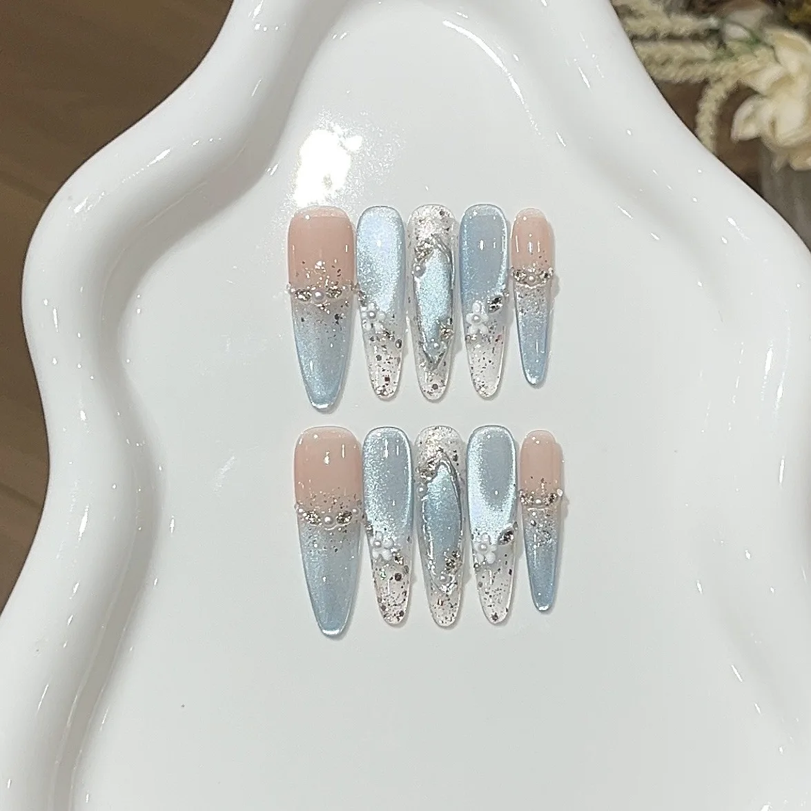 Summer Flash Fairy Dream Blue Irregular Cat Eye Ice Transparent Floral Wearable Nail Art Design by Jinli Light