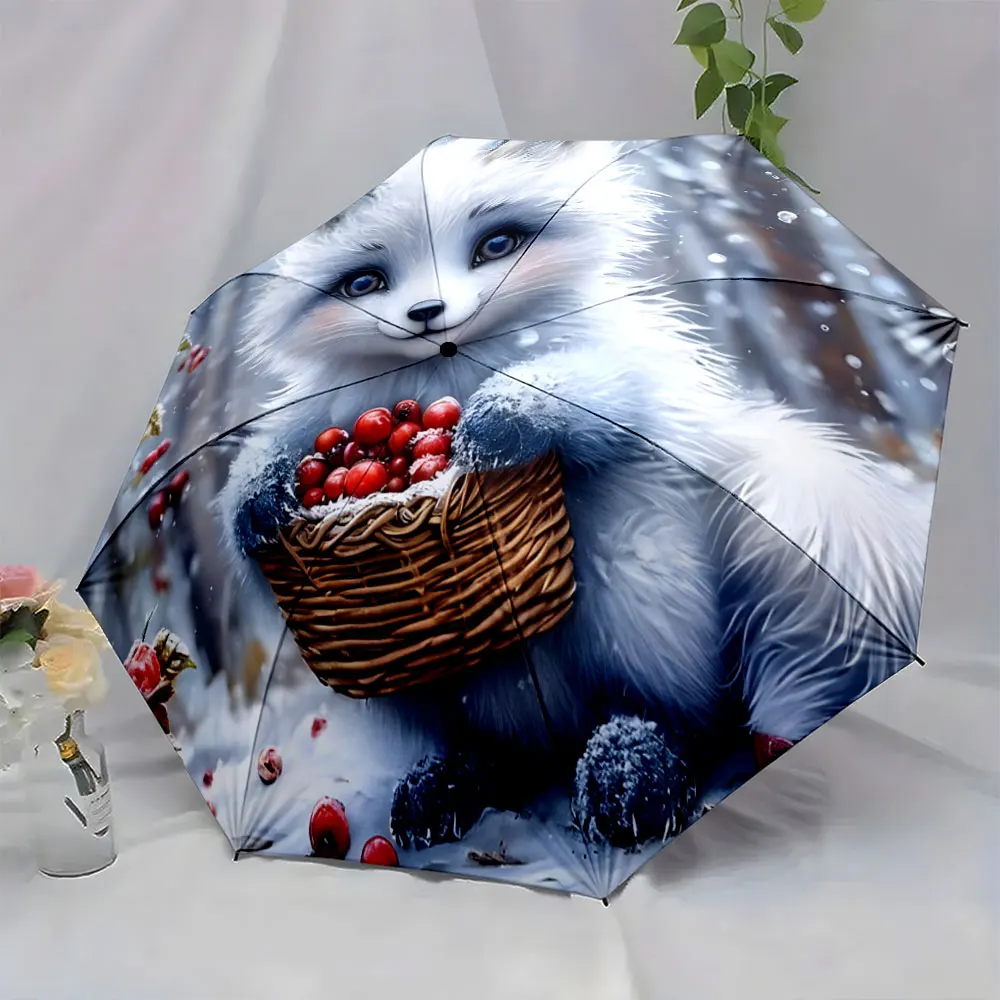 1PC Charming Umbrella Design Featuring a Cute Fox in Snow Scene Print 8 Iron Ribs Folding Umbrella Auto-Open Fashion Sunshade