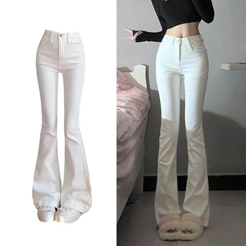 Woman Fashion Simple Flare Jeans Female Popular High Waist Casual Bell Bottom Pants Girls Slim Fit Vintage Wash Denim Trousers