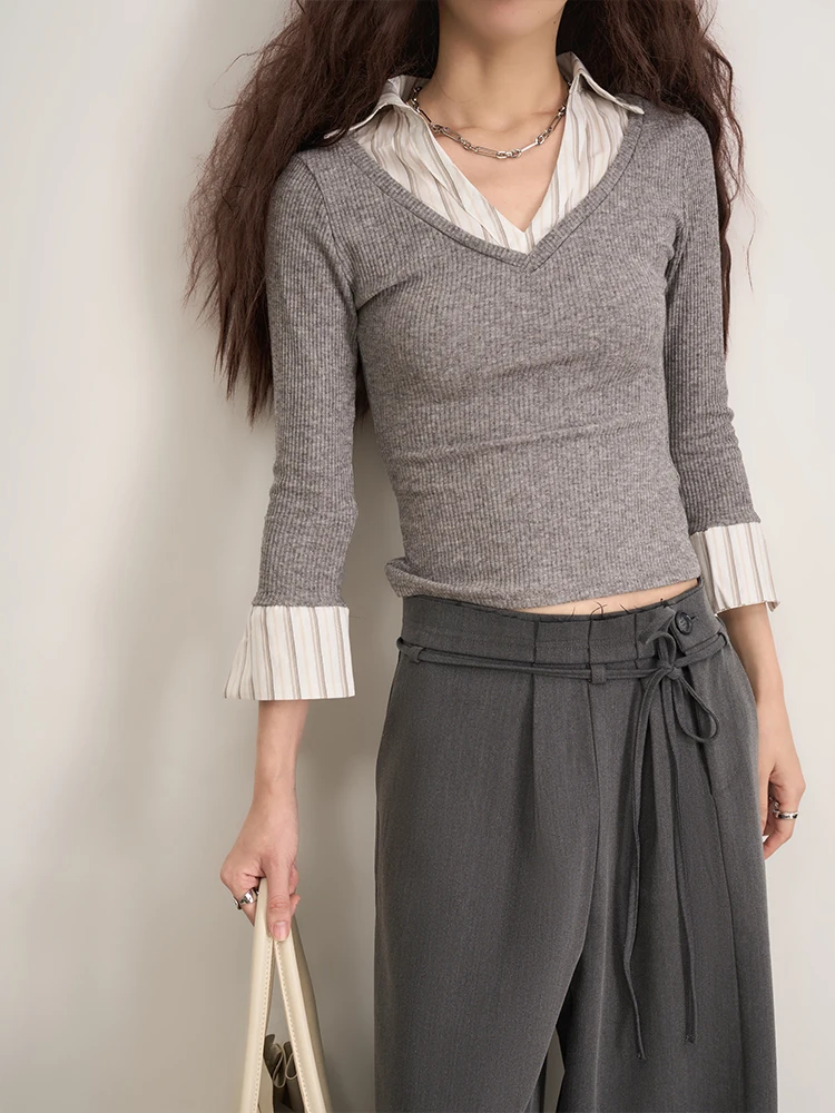 

Женская футболка Slim Fit с полосками, воротником и вставками, универсальная базовая модель, французский стиль, с коротким или длинным рукавом