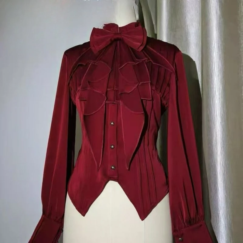 Victorian Gothic Vintage Courtly Style Shirt Women Sweet Classical Long Sleeve Ruffles Bow Slim Blouses Y2k Aesthetic Casual Top