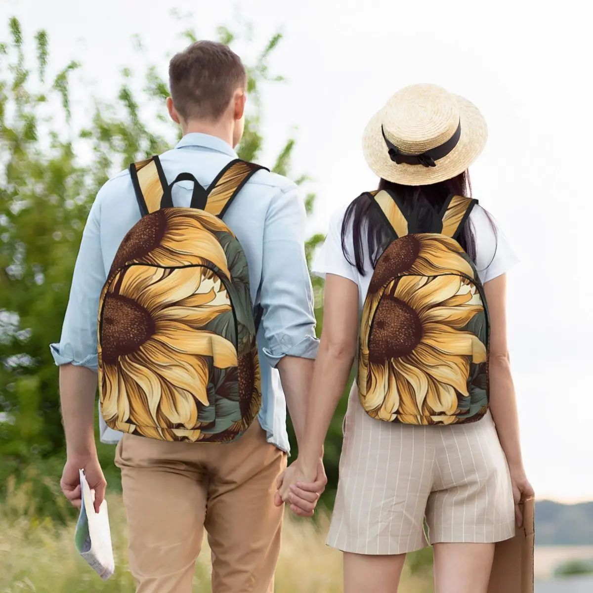 Golden Sunflower Cluster Vintage Botanical Drawing Student Backpack School Bag Hiking Travel Daypack for Bookbag Shoulder Bags