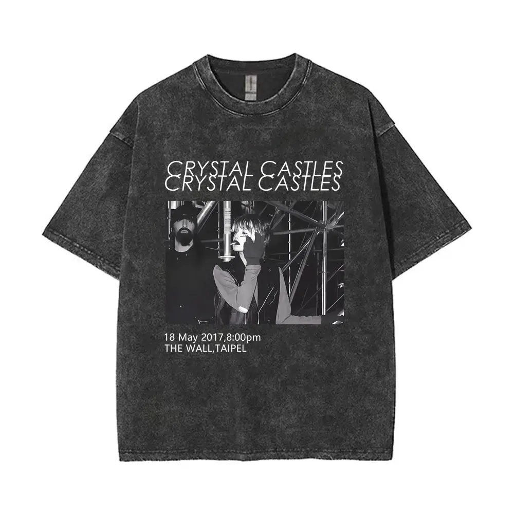 Washed Vintage Crystal Castles Music Album II Double Sided Print T-shirt Men Gothic Punk T Shirt Men's Oversized Cotton T-shirts