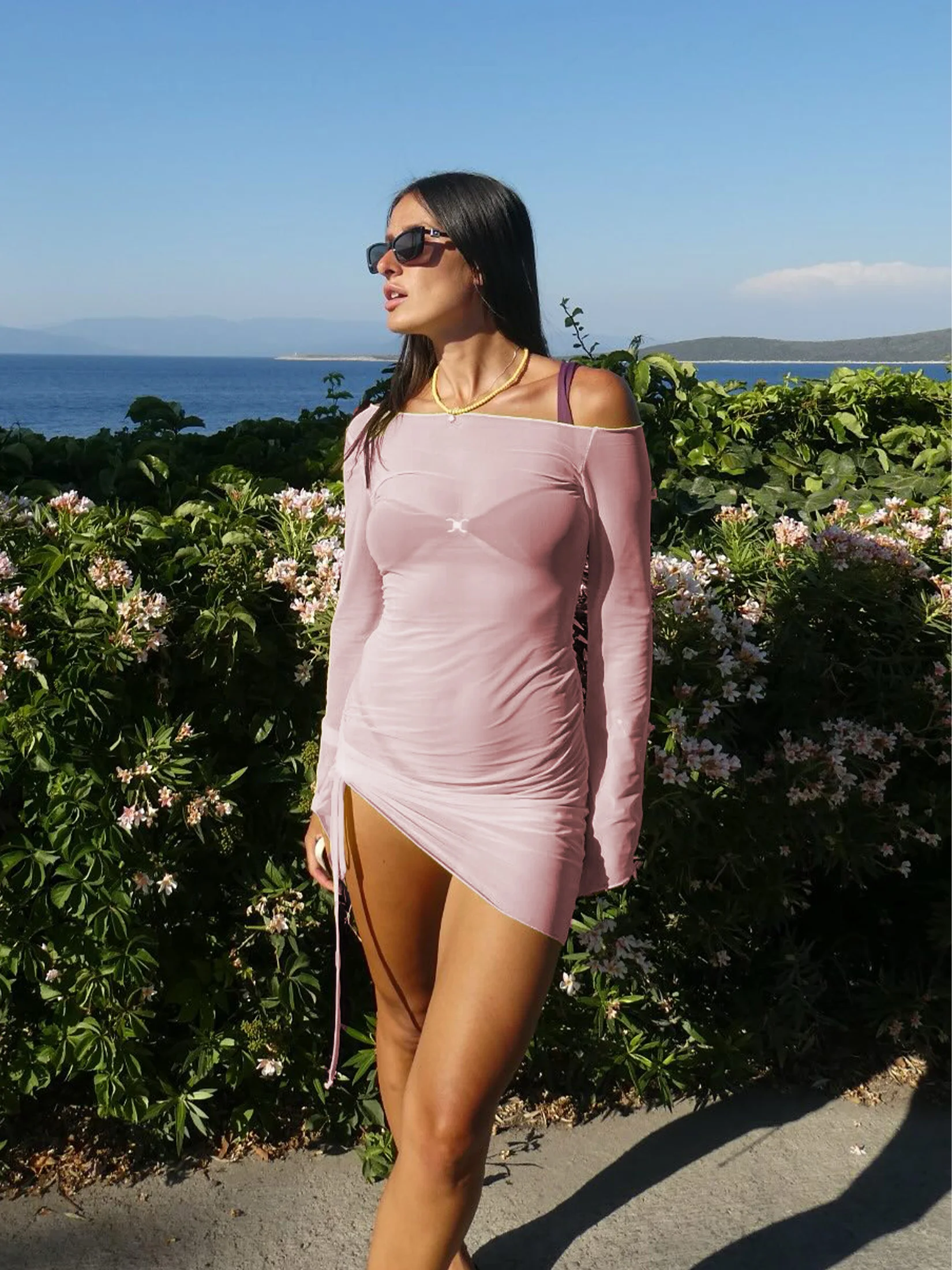 Elegant Off Shoulder Long Sleeve Women's Sheer Mesh Ruched Bodycon Mini Dress 2025 Fall Sexy Slim Party Vacation Dresses C145