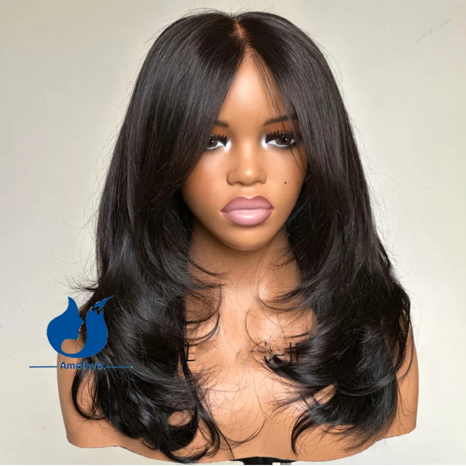 Ametyst Ready To Wear Layers Wave 13x6 Lace Front Human Hair Wig With Curtain Bangs Brazilian Preplucked Lace Frontal Wig Remy