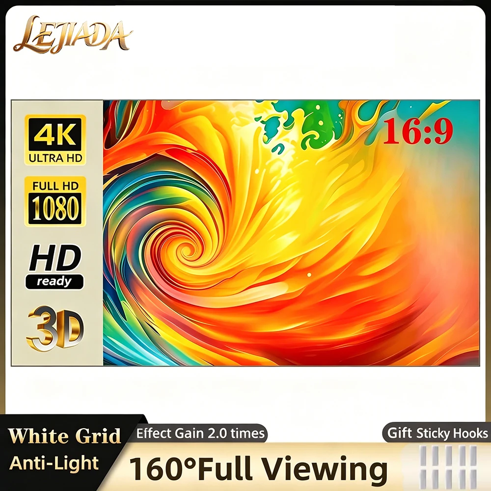 LEJIADA Anti-Light Brighten Projector Screen 4KHD White Grid 160° Viewing Angle Simple Portable Indoor Outdoor Movie 60-130 inch
