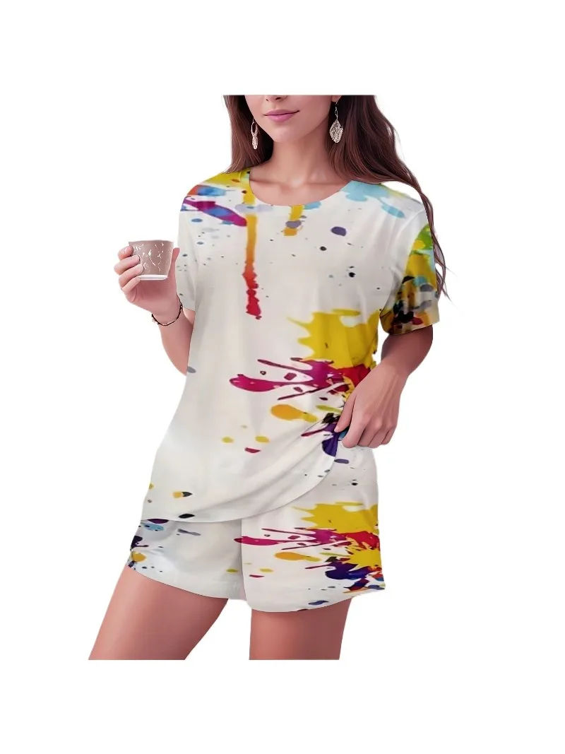 Women\'s Plus Size  1XL-5XL  Printed Shorts Set with U-neck Short Sleeve Fashion Set Holiday Beach Women Shorts Set Sets