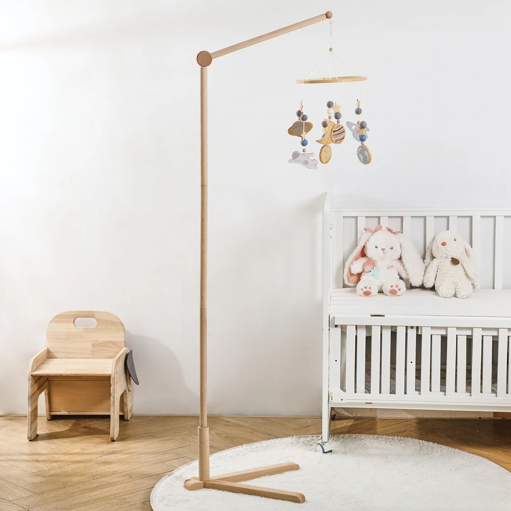 Suporte de sino de cama móvel de madeira suporte de chão ajustável na altura direção berço do bebê com brinquedos musicais bebê chocalho calmante brinquedos