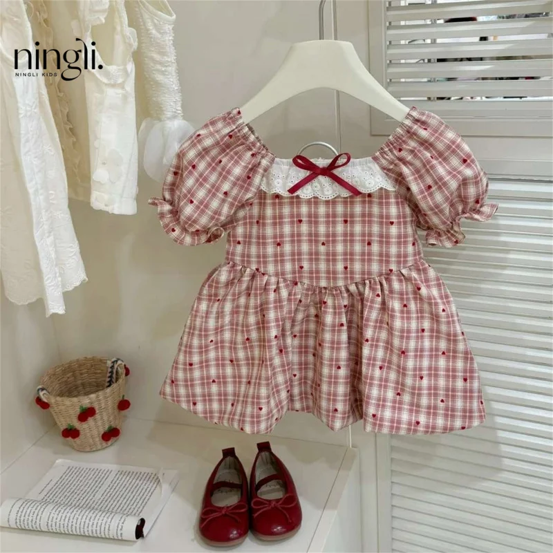 

Girls' Summer Stylish Dress Puff Sleeve Bow Red Plaid Dress Patchwork Casual Princess Dress
