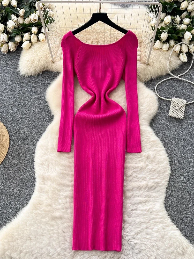 2025Vestidos De Mujer Metall Taste Temperament Kleider Frauen Gestrickte Vintage Robe Femme Hohe Taille Koreanische Quadrat Kragen Kleid