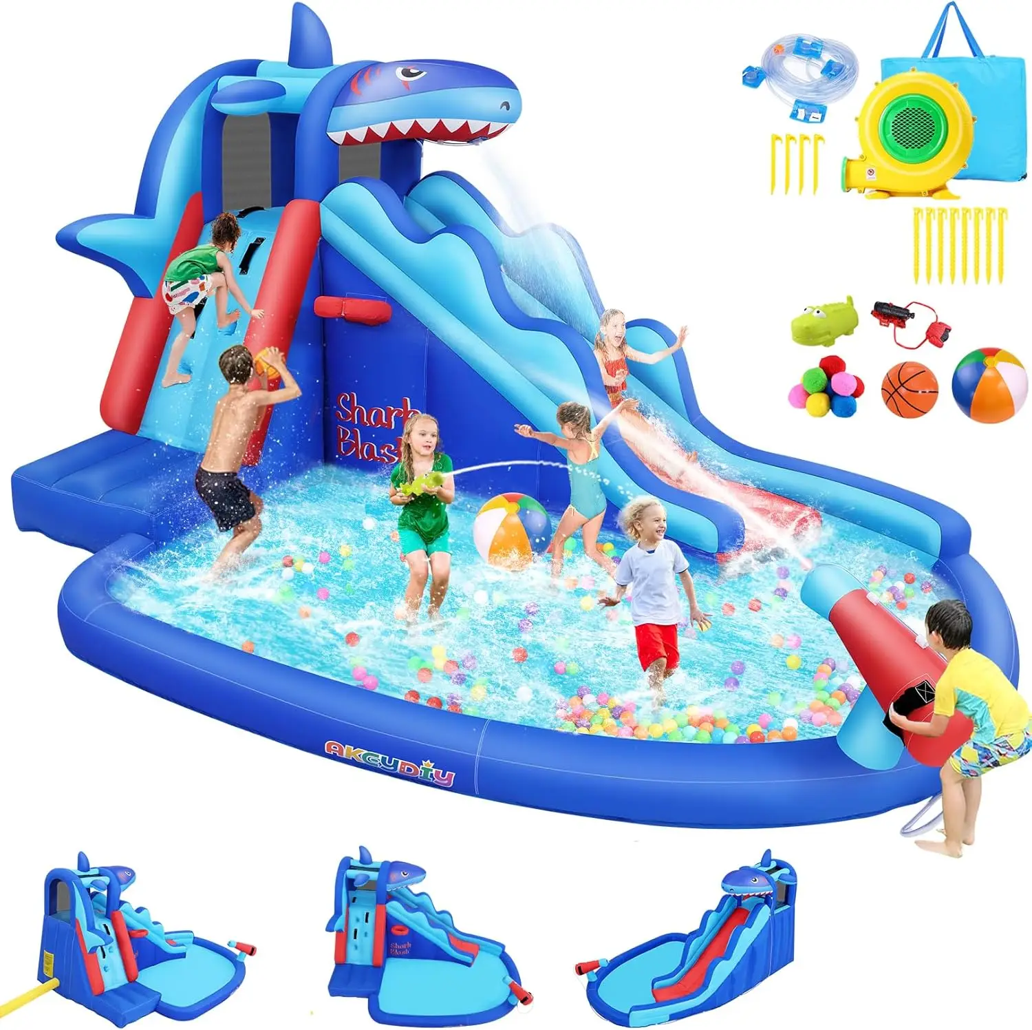 Shark-Themed Inflatable Water Park for Kids: Outdoor Blow Up Water Slides with Climbing Wall, Basketball Rim, Splash Pool & Water Cannon for Backyard Fun
