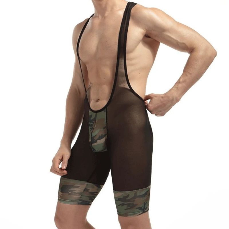 

2023 Men's One-piece Wrestling Suit, Soft Camouflage Mesh Swimsuit, Flat Angle Shaping, T-shaped Bow, Sleeveless Round Neck Vest