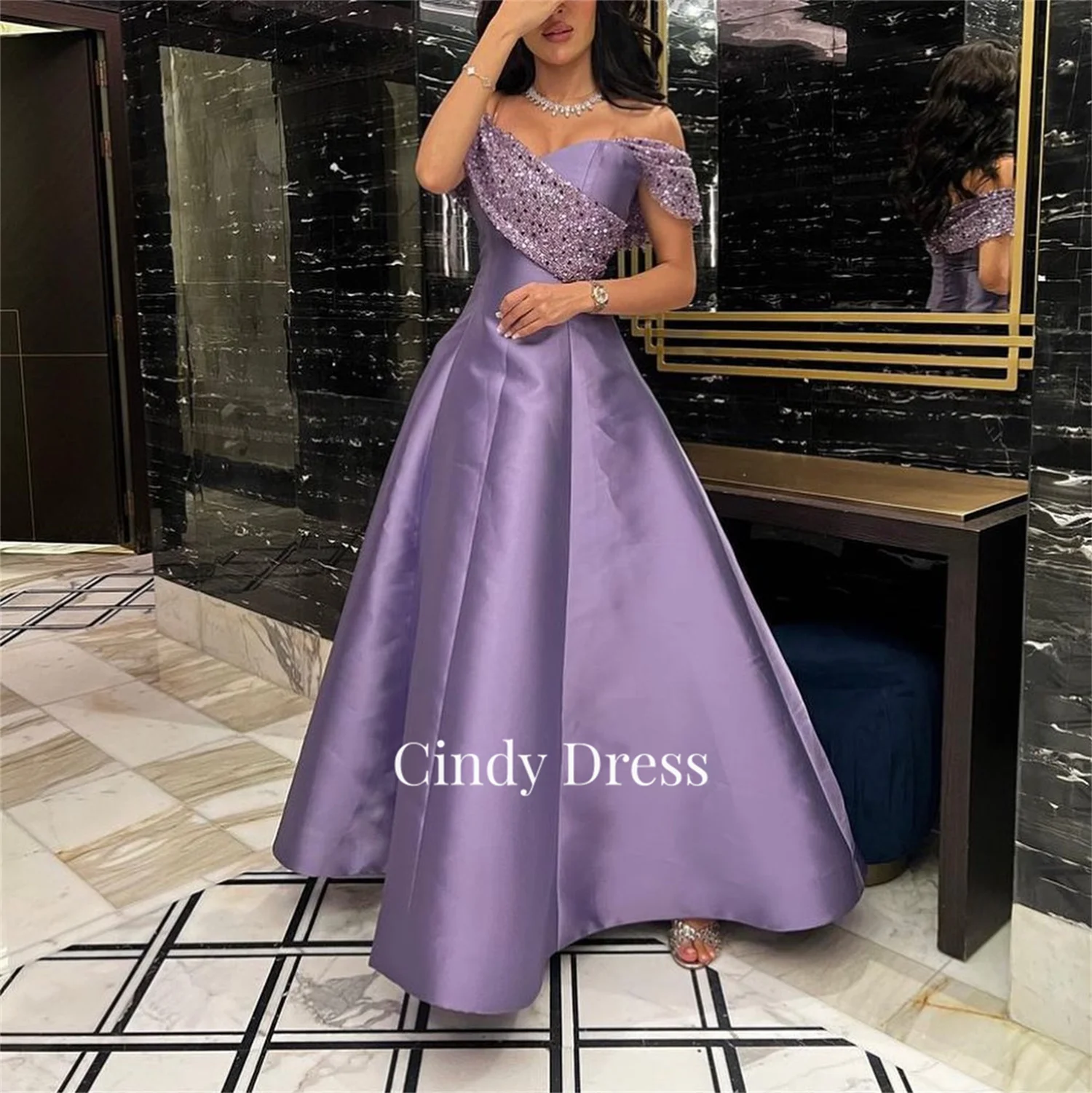 Purple Satin Sequin Off Shoulder A-Line Saudi Party Dress Women Elegant Luxury Dress Customized Woman Gala Guest Wedding Women\'s