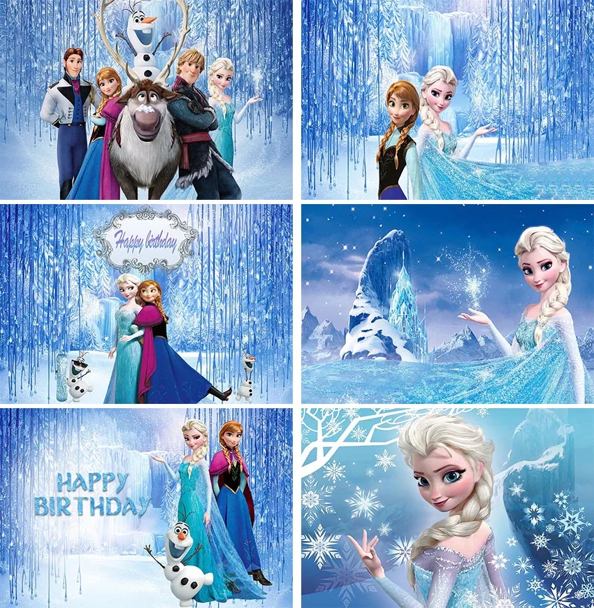 Happy Birthday Backdrop for Girls Winter Frozen Elsa Princess Photography Background Party Baby Shower Ice Snow Castle Canvas