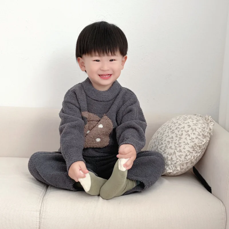 2026 Winter Baby Plus Velvet Thick Clothes Set Boys Girls Fleece Tops + Pants 2pcs Suit Children Comfortable Pajamas Outfits