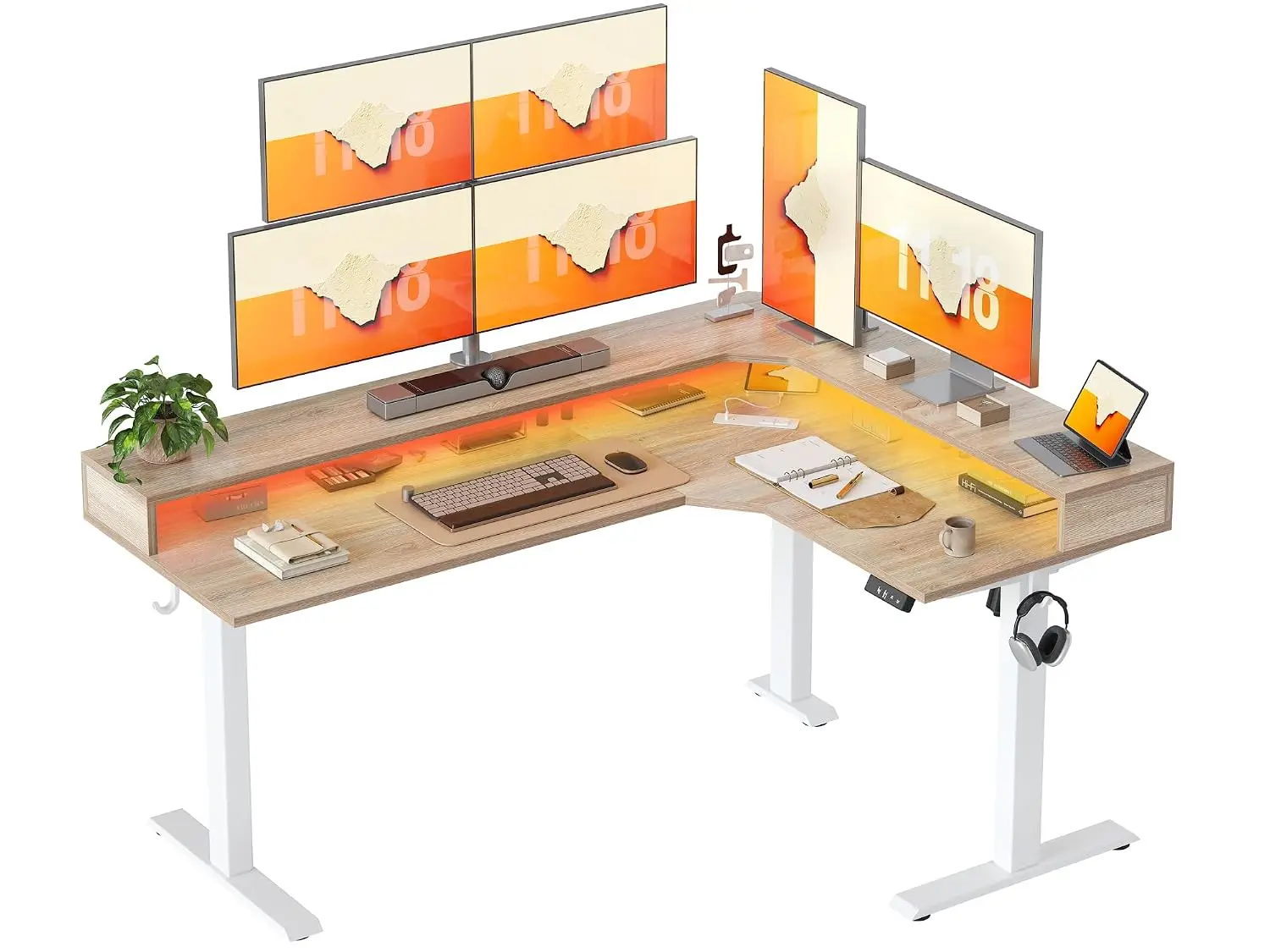 L-Shaped Standing Desk with LED Light & Power Outlet, Height Adjustable Corner Table with Monitor Stand, 63