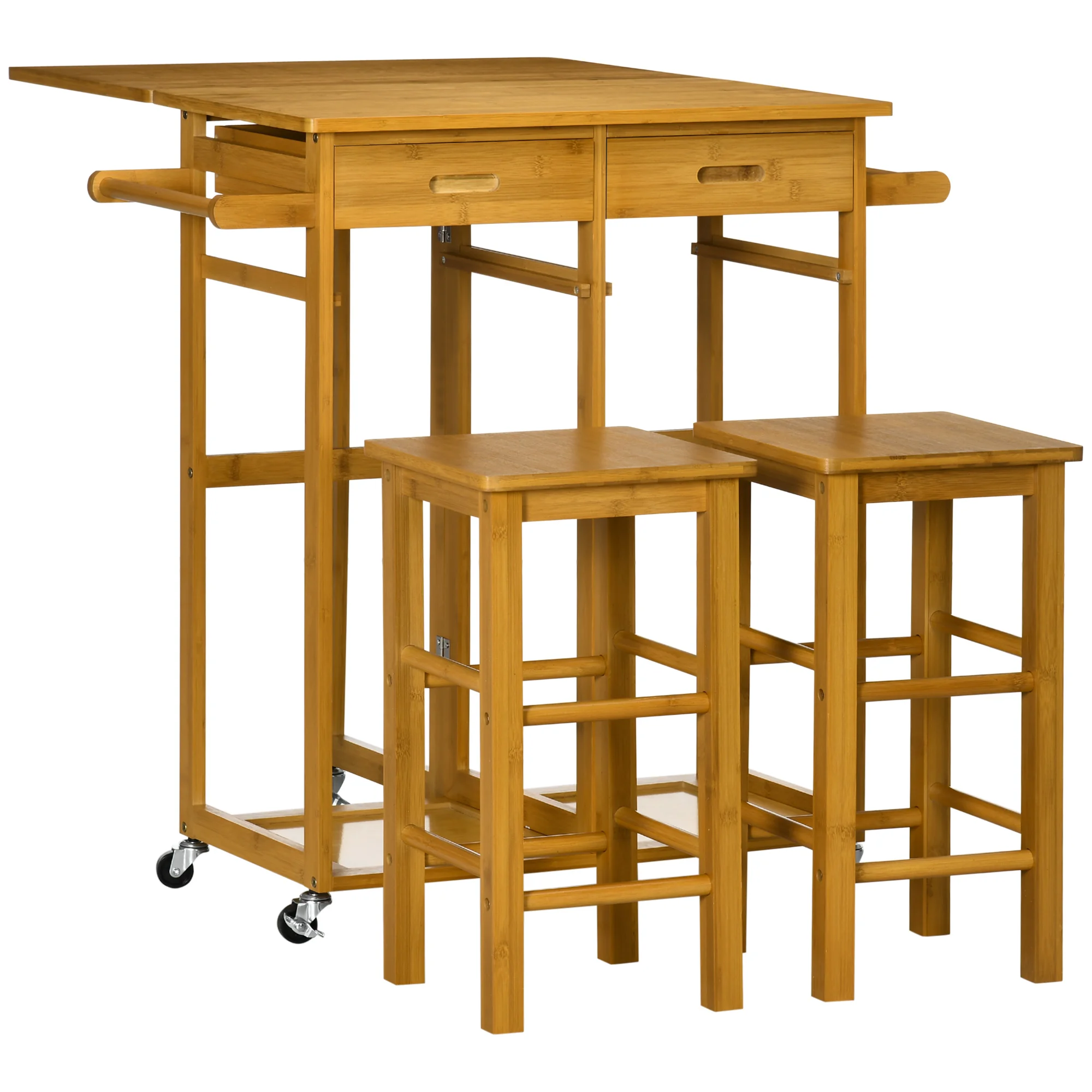 Homcom Ensemble de table de bar haute et 2 tabourets à roulettes Table de cuisine pliante avec tabourets 82,5 x 75,5 x 83,5 cm marron