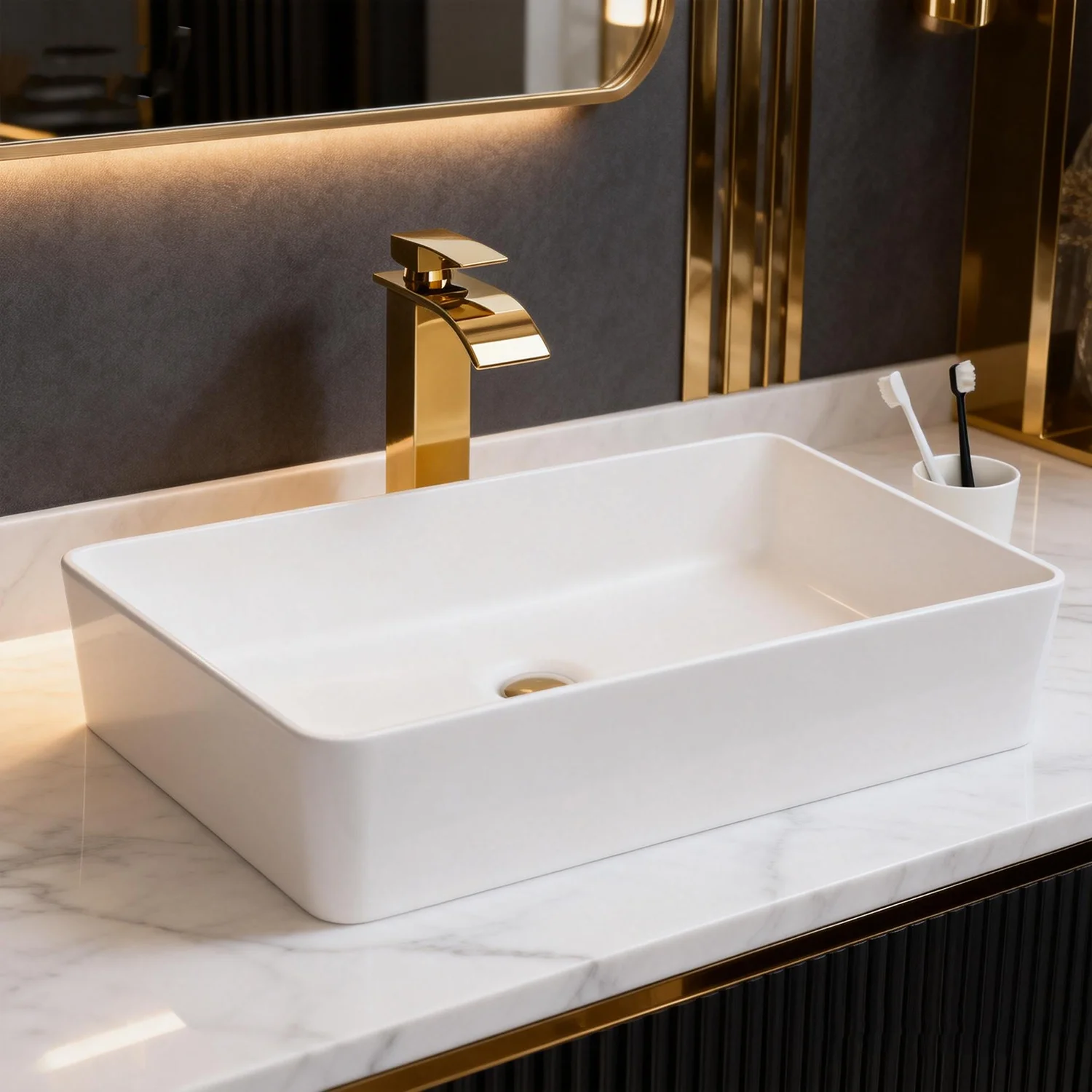 Torayvino Artificial Stone Bathroom Basin Sink Multiple Style Above Counter Vessel Sink Vanity with Waterfall Faucet and Drain