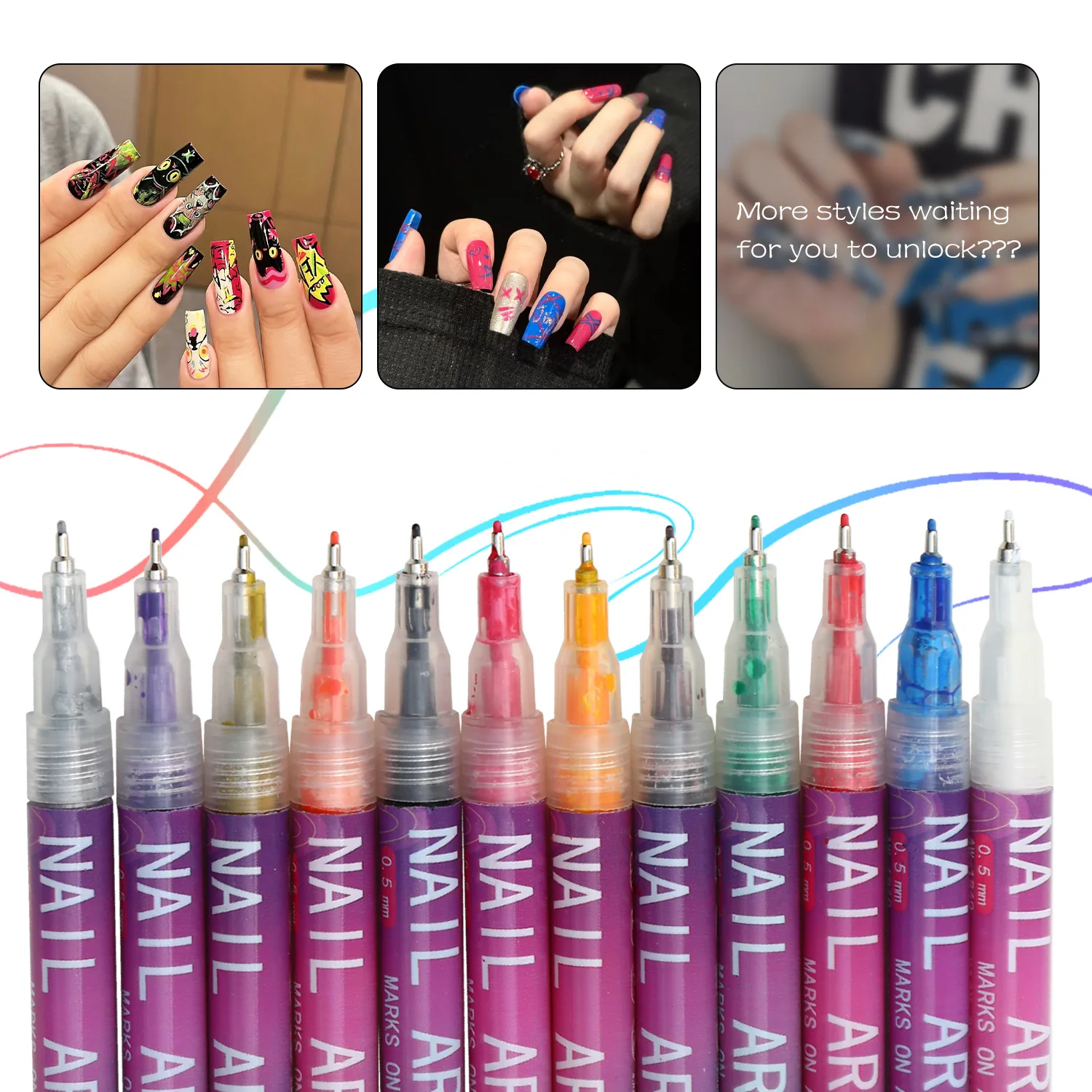 

12 шт., ручки для дизайна ногтей, 0,5 мм, тонкая гелевая подводка, набор карандашей, водонепроницаемые быстросохнущие маркеры для ногтей для рисования маникюра своими руками