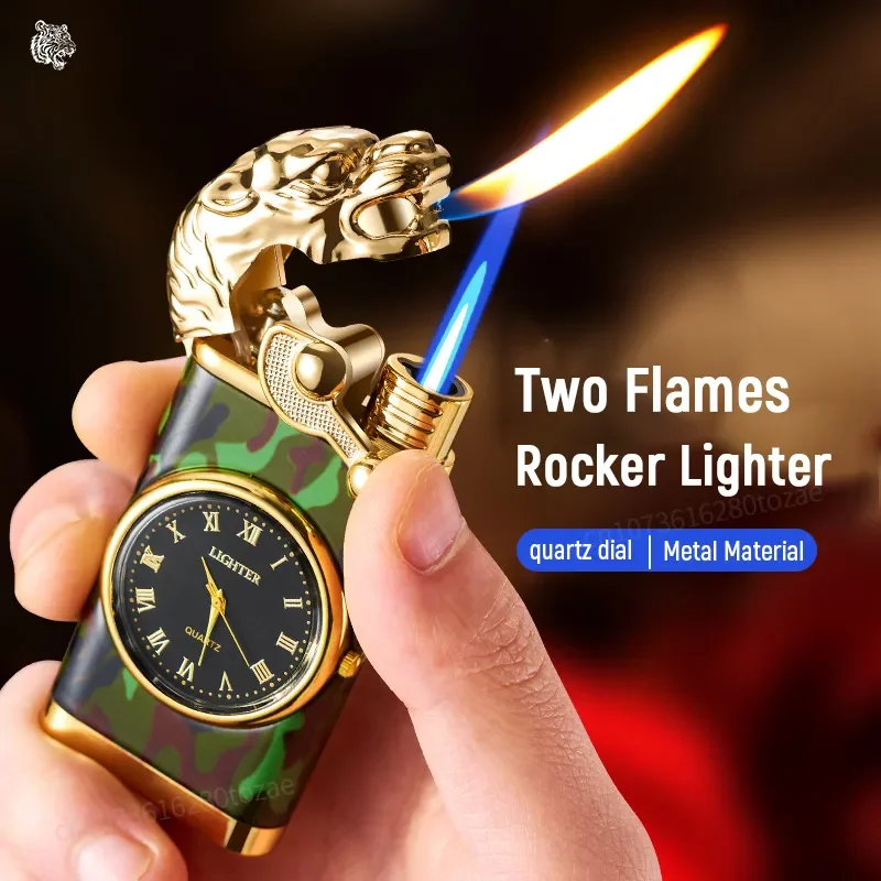 New Metal Watch Inflatable Lighter Windproof Double Fire Switching Flame Jet Butane Gas Cigar Outdoor Lighter Men\'s Small Tools