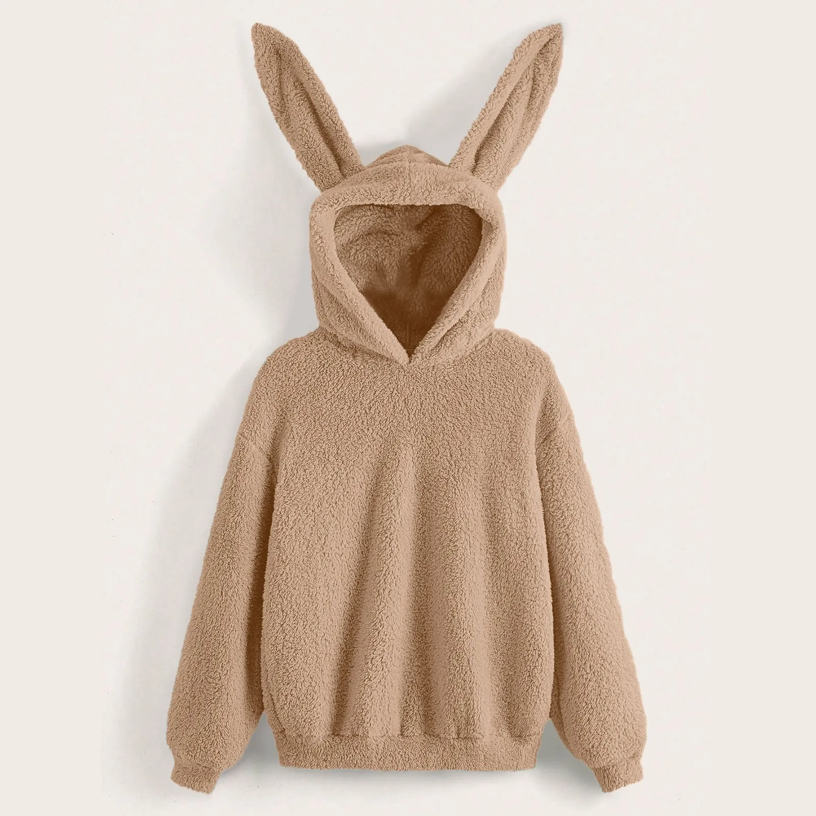 

Cute Rabbit Ears Hoodies Women Solid Color Kawaii Kpop Plush Hoodie Long Sleeve Autumn Shaggy Sweatshirt