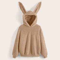 Cute Rabbit Ears Hoodies Women Solid Color Kawaii Kpop Plush Hoodie Long Sleeve Autumn Shaggy Sweatshirt