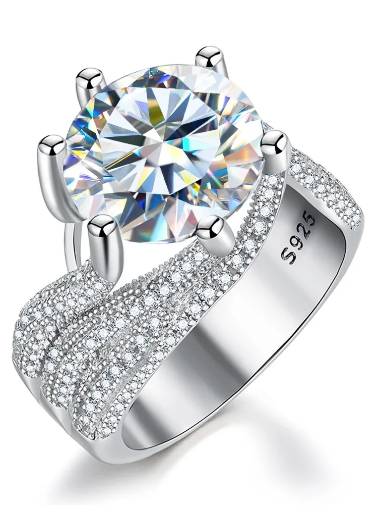 Luxuriöse 5CT Funkelnde Große Moissanit-Diamantringe für Damen, Prachtvolle Dreireihige Zirkon Echte 925 Silber Hochzeits-Feinjuwelen – Detail 5