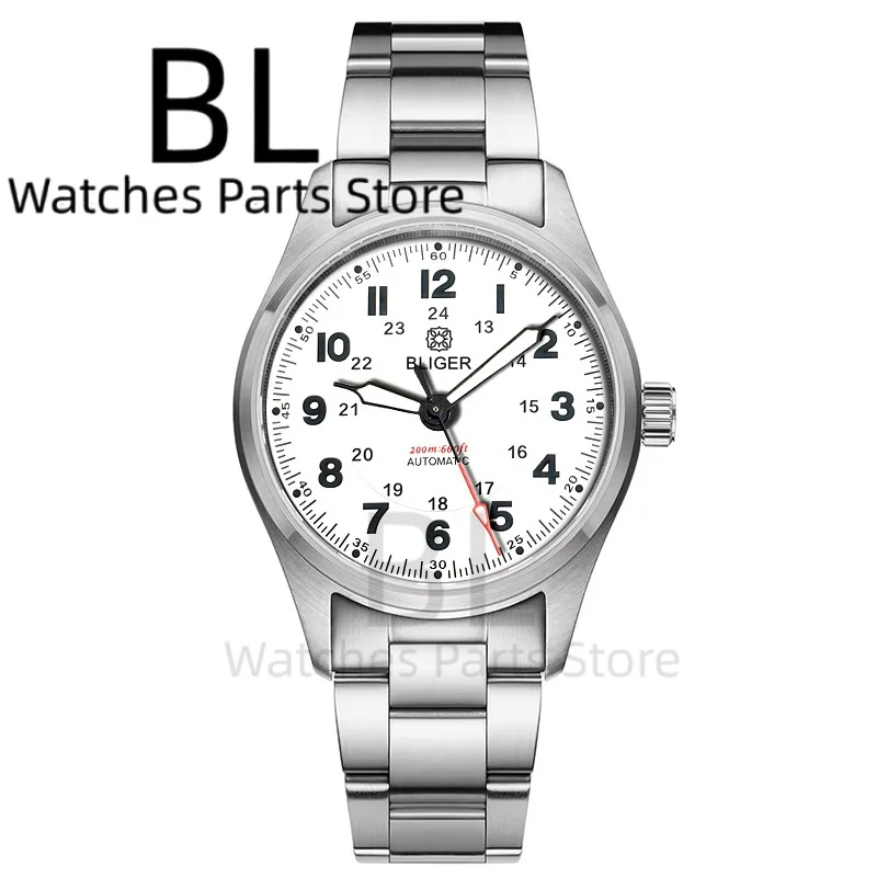 ساعة BLIGER باللون الأخضر الزيتوني للرجال 36mm39mm ساعة الطيار من الفولاذ المقاوم للصدأ NH35 زجاج الياقوت الأوتوماتيكي 10 ATM أخضر مضيء