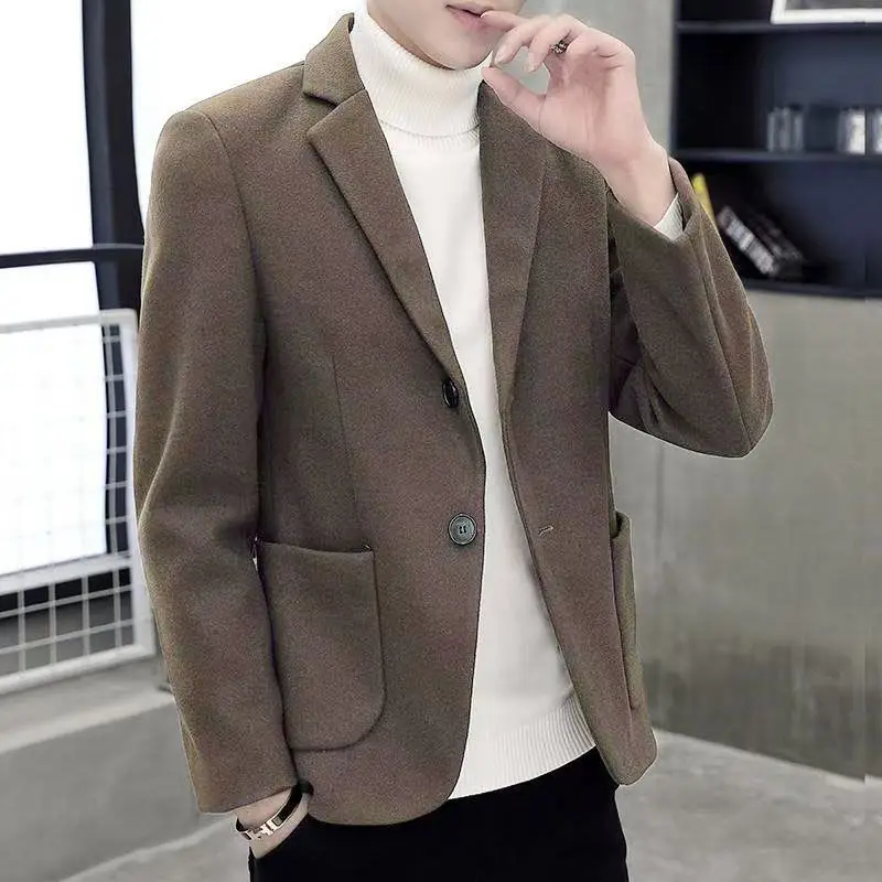 Spring Autumn Men Wool Blend Blazer Korean Slim Fit Short Coat Business Casual Jacket Male Outerwear