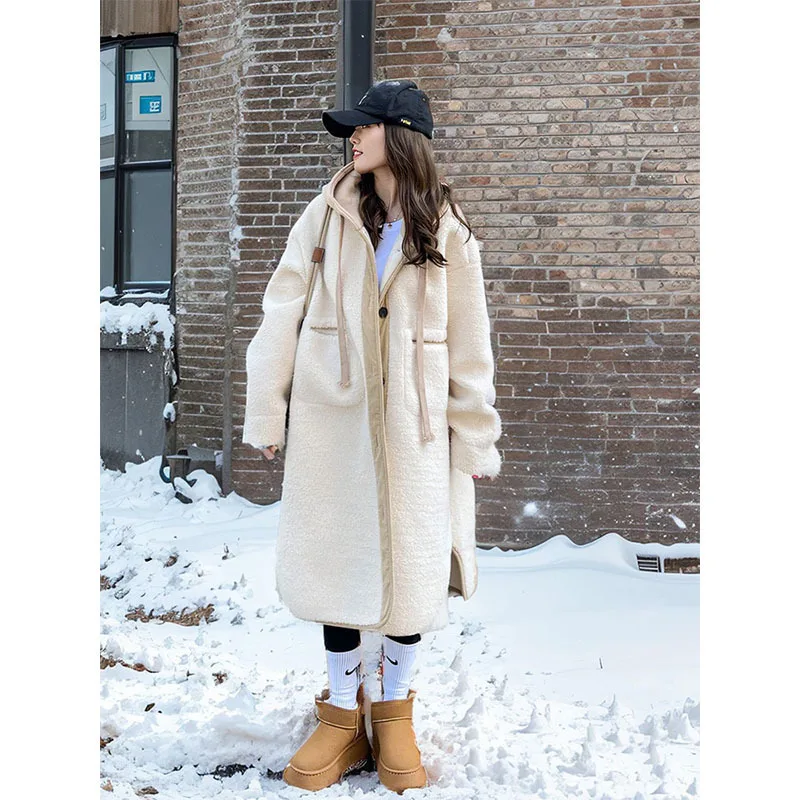 Women Hooded Long Coat 2025 New Fuzzy Cotton Coat Women's Off White Hooded Mid Length Loose Lazy Faux Shearling Jacket