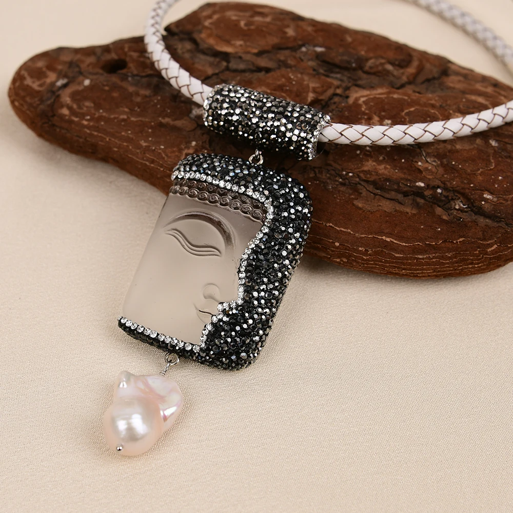 

G-G 19'' Natural White Keshi Baroque Pearl Clear Crystal Buddha Pendant White Leather Chokers Necklace