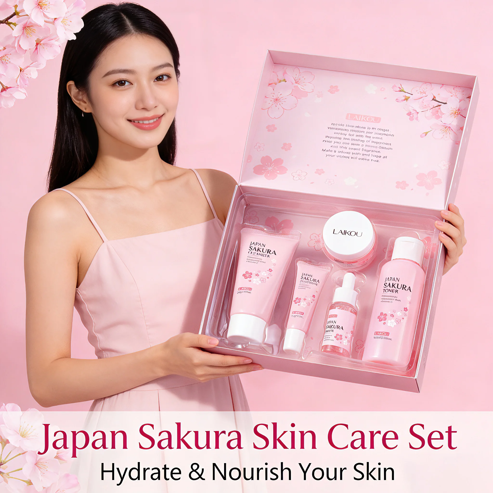 

Набор для ухода за кожей Laikou Japan Sakura, 5 предметов: увлажняющий и осветляющий комплект для лица с очищающим средством, тоником, сывороткой, кремом для век и эссенциальным кремом