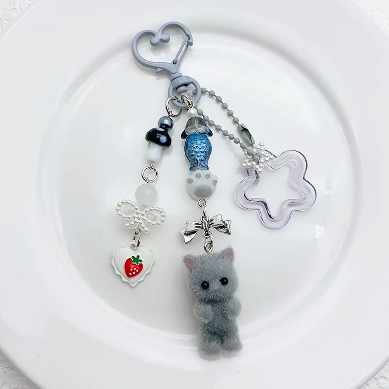 Cute Flocked Kitten Five-pointed Star Cat Paw Love Keychain Mobile Phone Chain Anti-Lost Lanyard Pendant Earphone Camera Chain