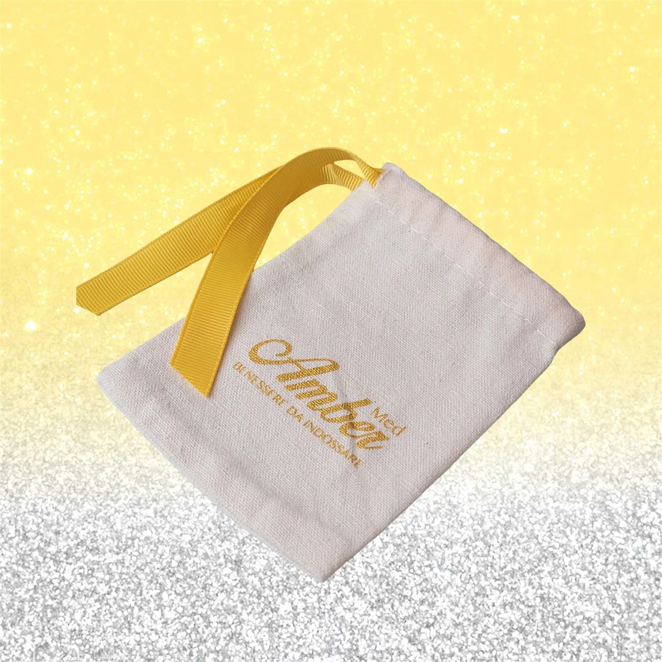 Customised yellow  Ribbon Cotton Bags Drawstring Jewellery Bags for Wedding Gift Packaging