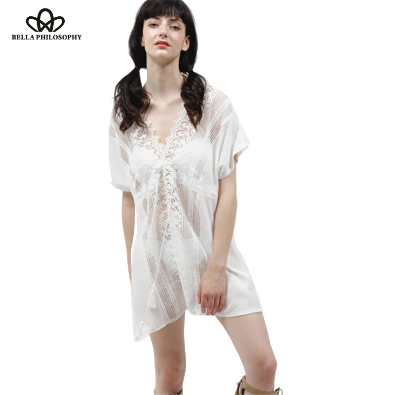 

Bella Philosophy Summer Women's Lace Hollow Out Overall Sunscreen Bikini Shirt Dress Beach Style Vestidos White Shirt
