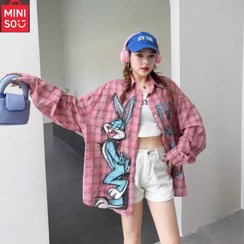 

MINISO весна и осень новая рубашка с длинными рукавами с героями мультфильмов для тяжелой промышленности, женский свободный и повседневный универсальный кардиган, топ