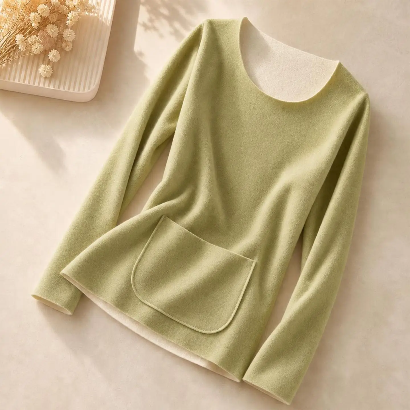 Thickened Fleece Warmth Women's Thermal Underwear Top Long Sleeve Dervo Double Pocket plus Size Hidden Stitch T-Shirt