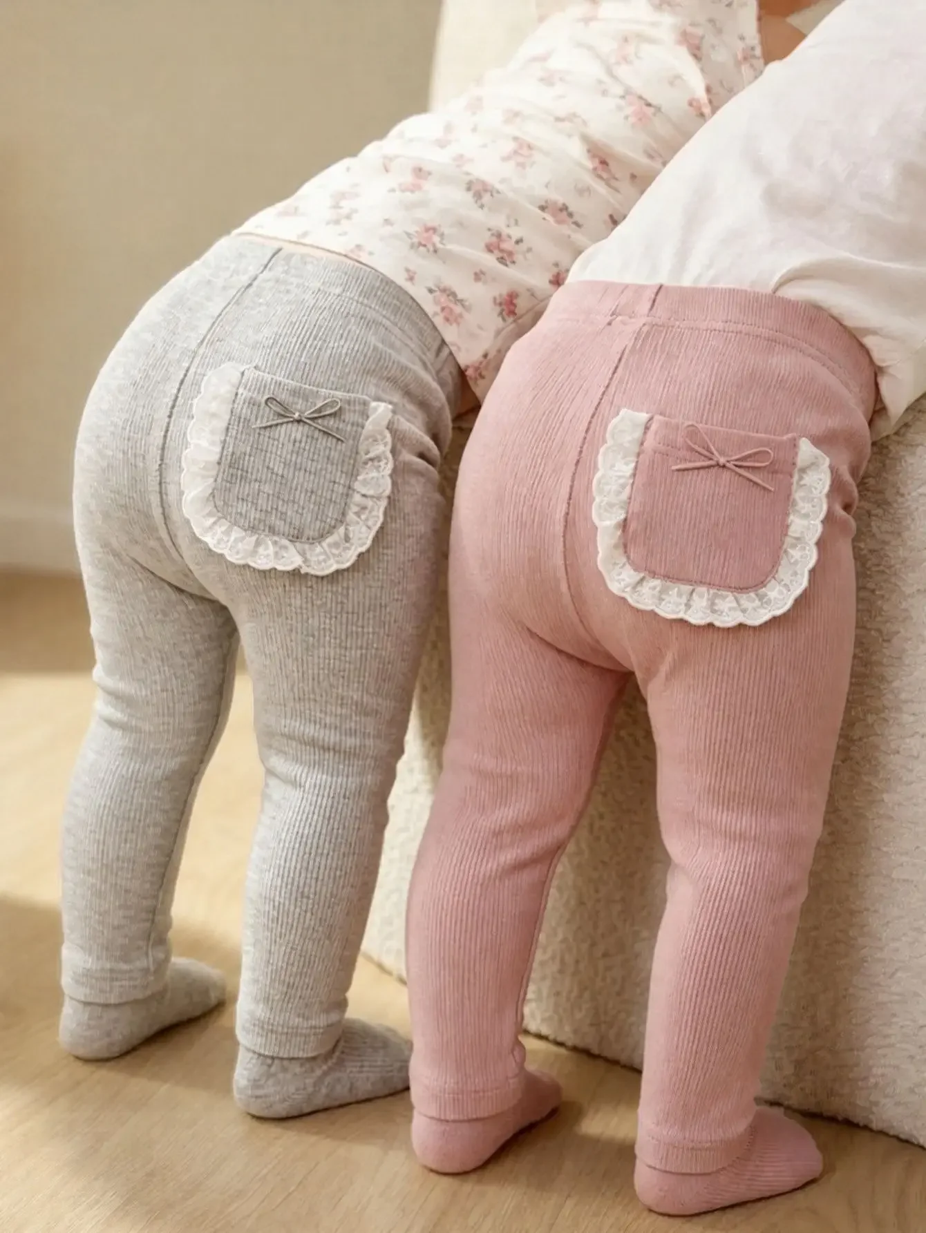 Spring Baby Sweet Style Ribbed Pants Girls Lace Trim Pocket Bow Elastic Waist Stretchy Casual Leggings Trousers