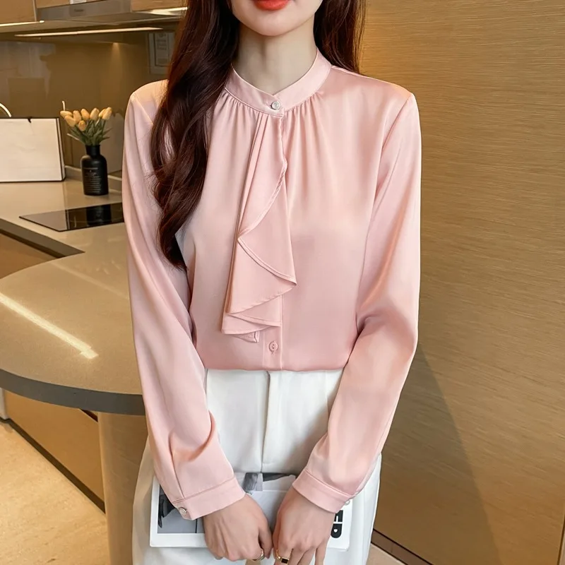 Blusas femininas vintage camisas de cor sólida moda solta verão arco roupas coreanas manga comprida chiffon casual feminino topos