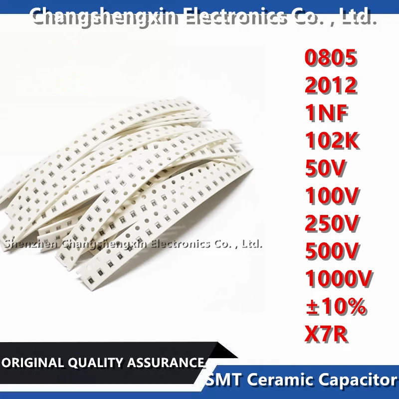 

50PCS 0805 2012 Capacitance 1NF 102K 50V 100V 250V 500V 1000V Tolerance ±10% Dielectric X7R SMT Ceramic Capacitor MLCC