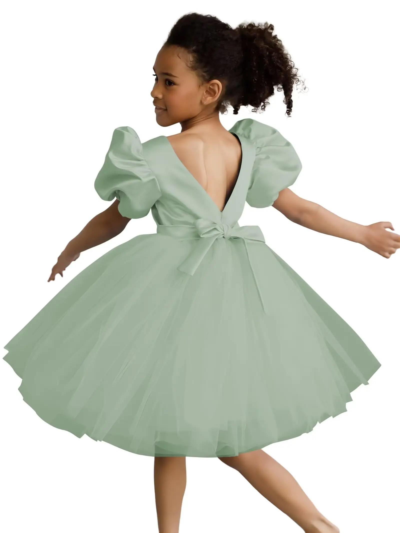 Robes de demoiselle d'honneur à manches bouffantes pour mariage, tutu de fête d'anniversaire, robe de Rhen tulle satiné avec nœud papillon, robe de Rhpour filles