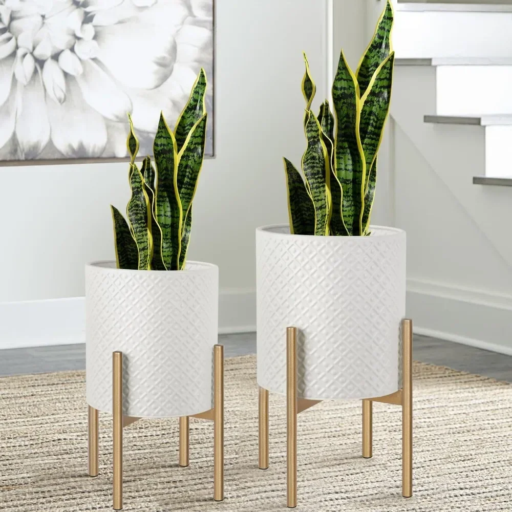 

Planters for Indoor Plants Set of 2, Modern Decorative Plant Pots for Living Room, Garden, White Planters with Glod Plant Stands