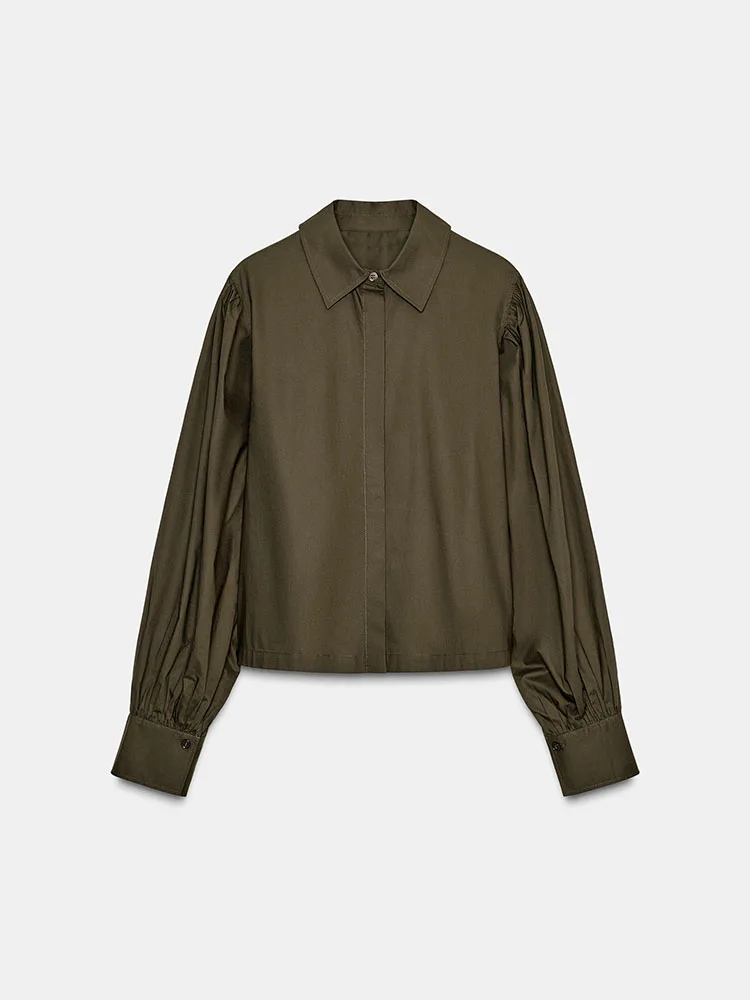 

Новинка! Элегантная женская шелковая блузка с длинными рукавами-фонариками и воротником-стойкой. Модная модель для повседневной носки. Зима 2025.