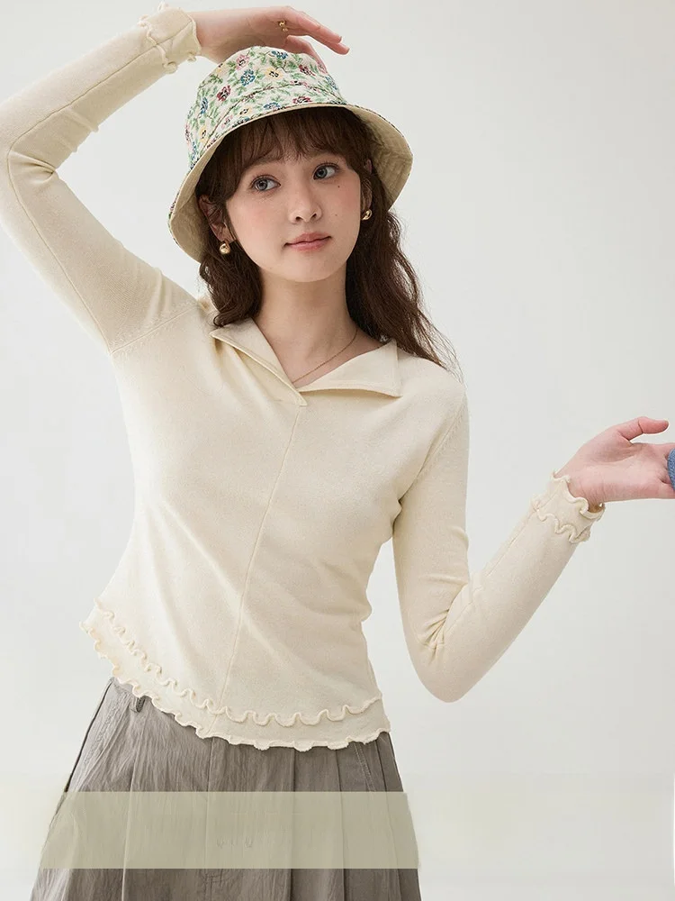 

AMUU Original V-Ne Knitwear Women's Slim Fit Inner Wear Top Wave Design Commute Sle Long Sve Korean Version