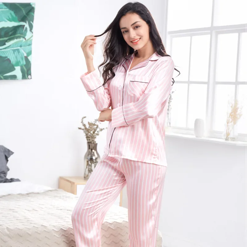 Korean Style Striped Pijamas Suit Women Imitation Silk Sleepwear Summer New Home Wear Thin Long Sleeved Pants Set Pijama Mujer