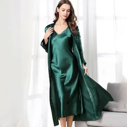 2 PCS Robe Set Female Lace Hollow Out Kimono Long Bathrobe Gown Suit Sexy Intimate Lingerie Spring V-Neck Sleepwear Loungewear