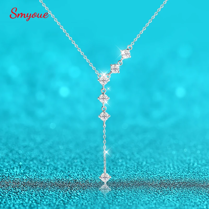 Smyoue 4mm Tassel Necklace Moissanite Pendant Round Cut Sparkling Neck Chain Girls Christmas Gift 925 Sterling Silver Plated 18K