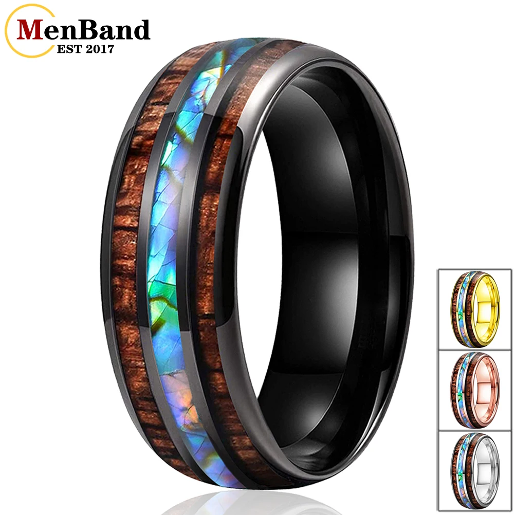 

MenBand Fashion 8MM Men Women Black Tungsten Carbide Wedding Ring Abalone Shell And Koa Wood Inlay Domed Polishing Comfort Fit